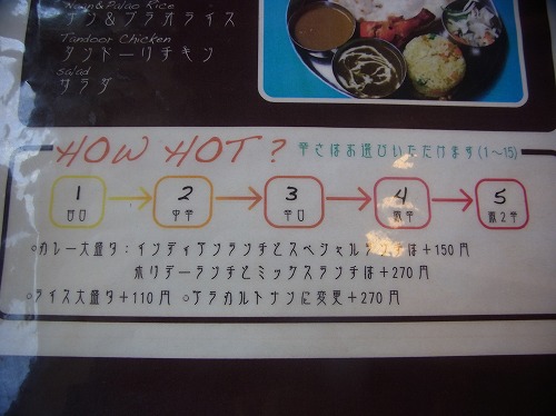 メニューの「HOW HOT?」欄。辛さを1から5まで矢印でつないだ図が描かれ、1から15まで選べると書いてある